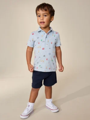 Blue All Over Printed London Short Sleeve Polo Shirt and Shorts Set