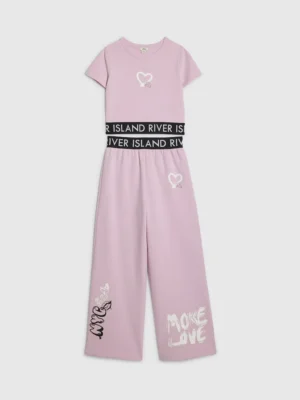 River Island Pink Graffiti Waistband Crop Top & Wide Leg Joggers Set
