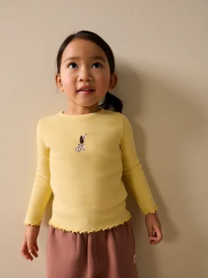 Lemon Yellow Dog Long sleeve Embroidered Ribbed Top