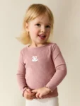 Pink Bunny Long sleeve Embroidered Ribbed Top