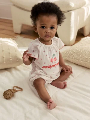 White Cherry Embroidered I love my Mummy Jersey Baby Romper