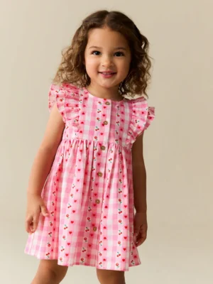 Pink Gingham Cherry Double Ruffle Sleeve Dress