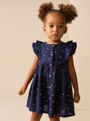 Navy Spot Double Ruffle Sleeve Dress