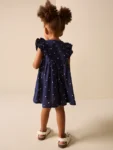 Navy Spot Double Ruffle Sleeve Dress