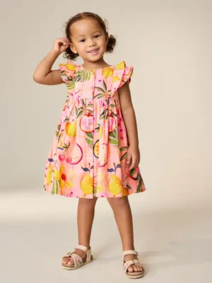 Peach Pink Tropical Double Ruffle Sleeve Dress
