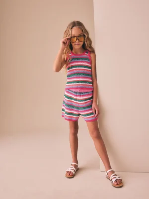Pink Stripe Summer Knitted Shorts Set