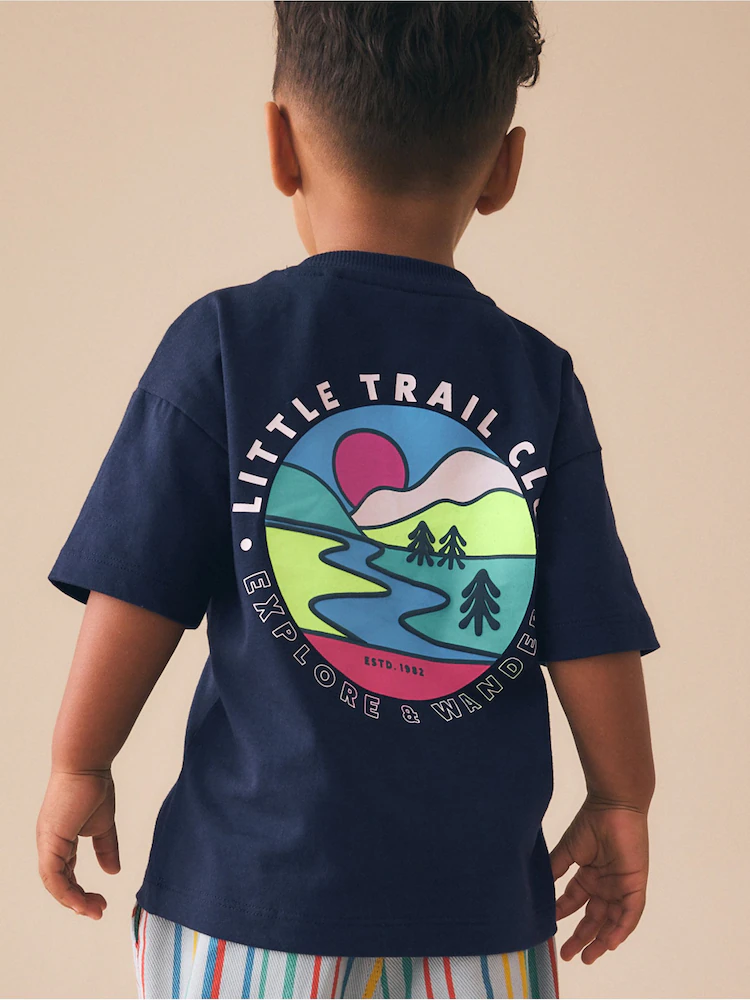 Navy Blue Trail Scene Short Sleeve Back Print T-Shirt