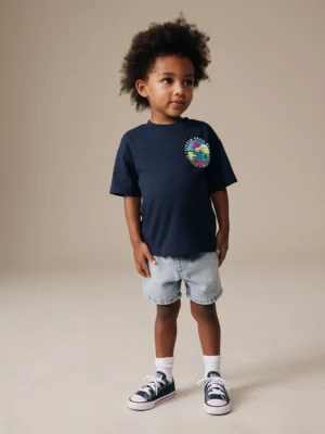 Navy Blue Trail Scene Short Sleeve Back Print T-Shirt