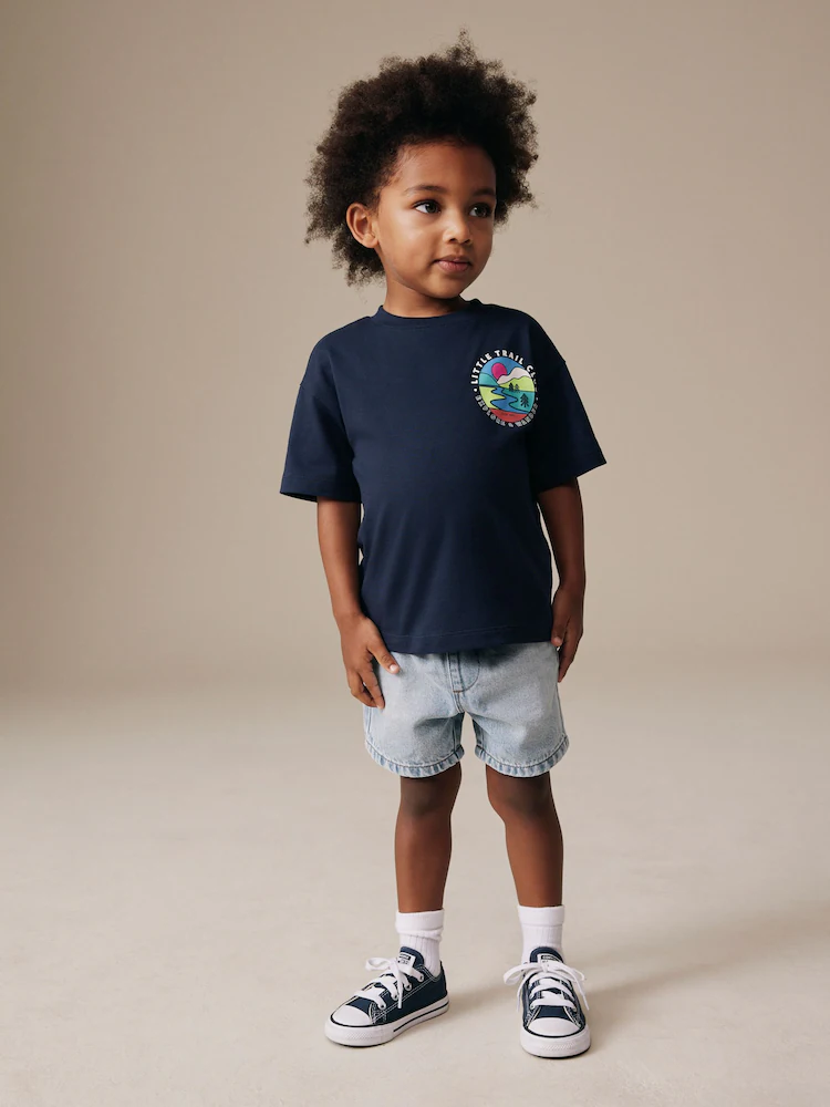 Navy Blue Trail Scene Short Sleeve Back Print T-Shirt