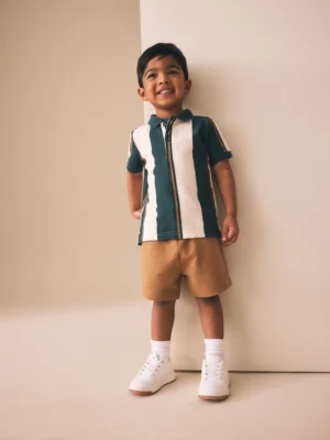 Green/Ecru Stripe Short Sleeve Polo Shirt and Shorts Set