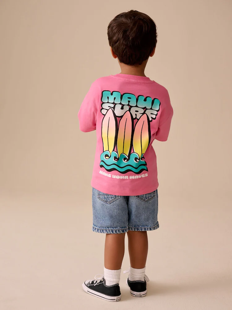 Pink Surfboard Short Sleeve Back Print T-Shirt