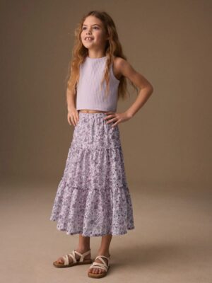 Lilac Rib Vest And Floral Print Lace Midi Skirt Set