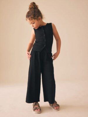 Black Textured Waistcoat Wide Leg Set