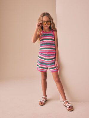 Pink Stripe Summer Knitted Shorts Set