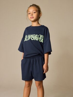 Navy Slogan Heavyweight T-Shirt and Shorts Set