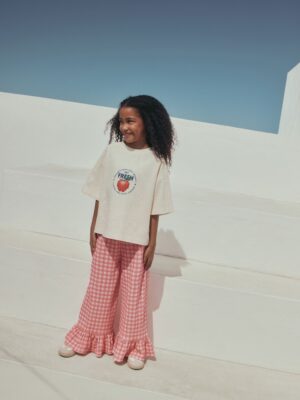 Fruit Graphic/Red Gingham T-Shirt and Frill Hem Trousers Set