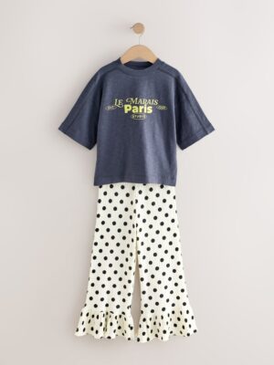 Grey/Spot Slogan T-Shirt and Frill Hem Trousers Set