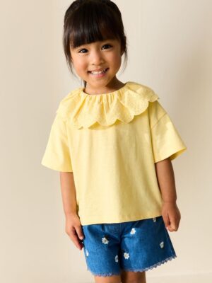 Yellow Short Sleeve Broderie Collar Top