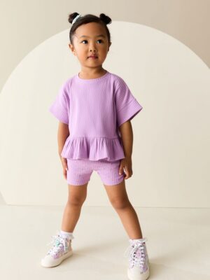 Lilac Purple Short Sleeve Ribbed Top and Shorts Set
