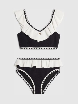 River Island Black Colour Block Textured Frill Bikini