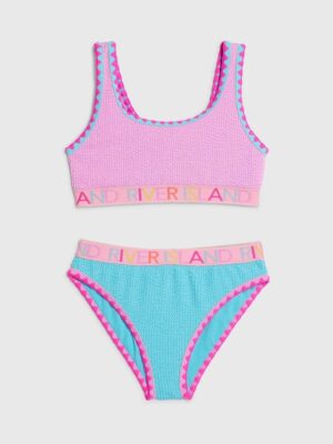 River Island Pink and Blue Colour Block Textured Logo Bikini