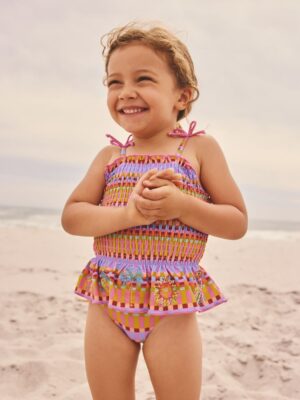 Purple/Orange Embroidered Shirred Swimsuit