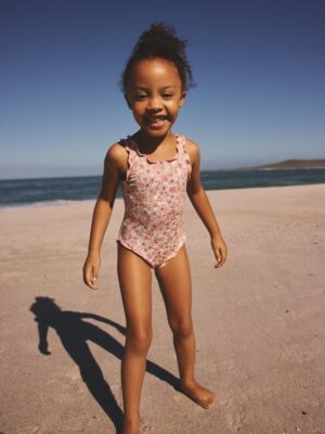Coral Pink Ditsy Floral Lettuce Edge Swimsuit