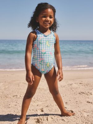 Blue Floral Gingham Lettuce Edge Swimsuit