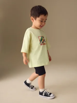 Light Yellow Tropical Summer Short Sleeve T-Shirt and Cycling Shorts Set