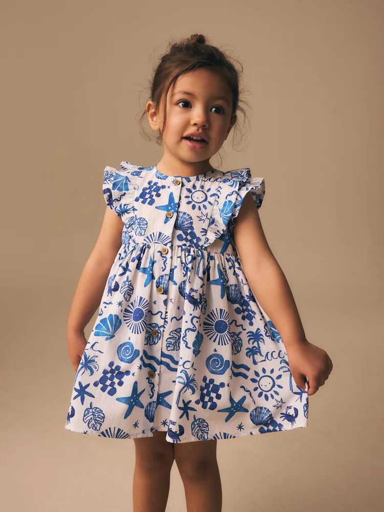 Seaside Print Double Ruffle Sleeve Dress