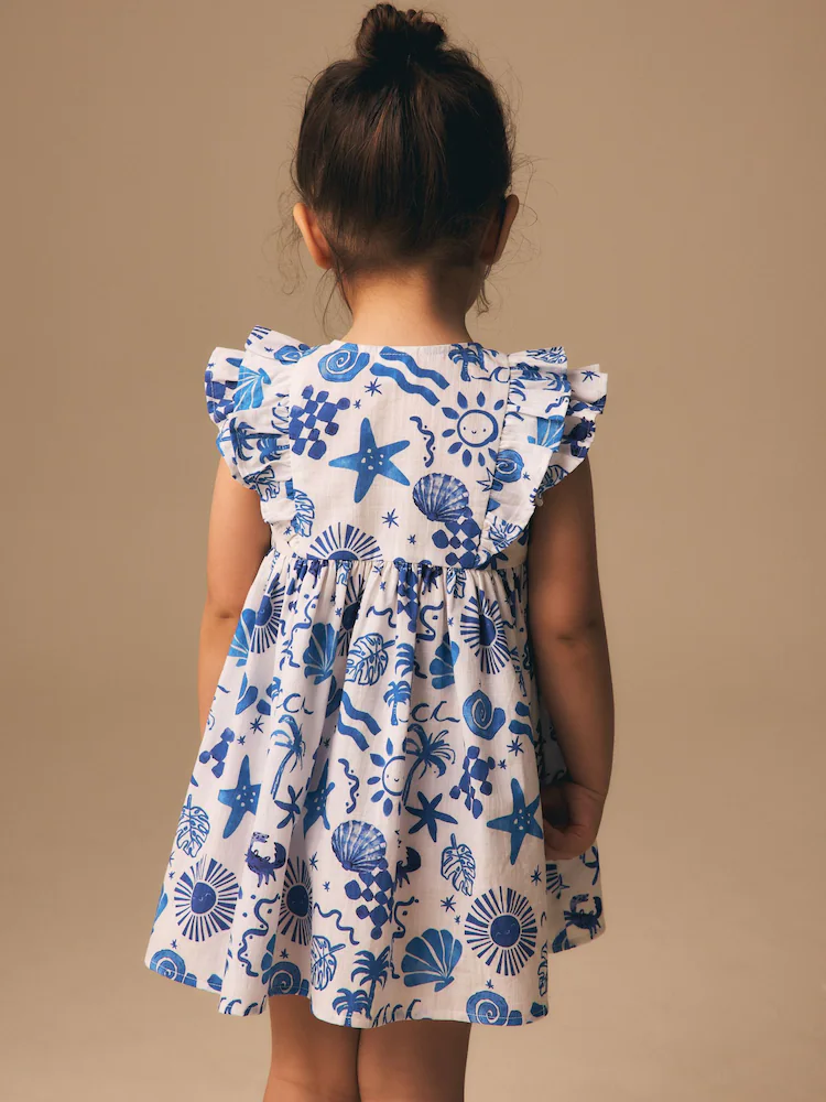 Seaside Print Double Ruffle Sleeve Dress