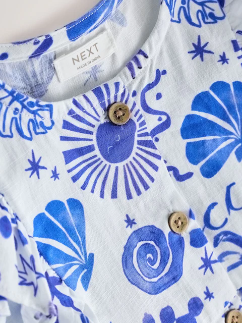 Seaside Print Double Ruffle Sleeve Dress