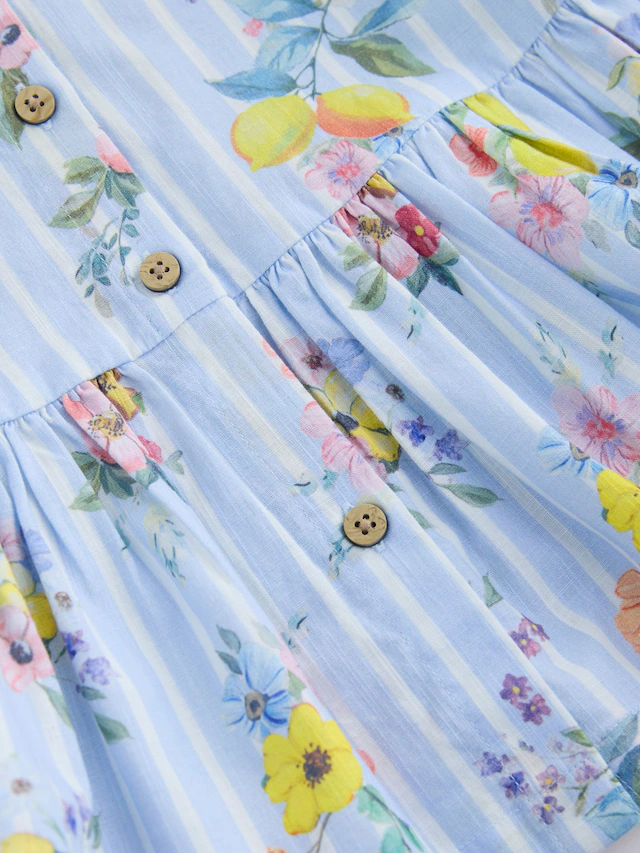 Blue/White Stripe Floral Short Sleeve Cotton Dress