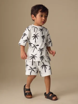 White/Black Palm Trees Short Sleeve All-Over Print T-Shirt and Shorts Set
