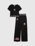 River Island Black Grafitti Waistband Crop Top & Wide Leg Joggers Set