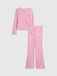 River Island Pink Long Sleeve Ruched Cosy Crop Top & Kickflare Set