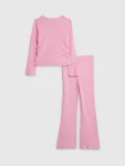 River Island Pink Long Sleeve Ruched Cosy Crop Top & Kickflare Set