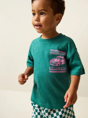 Green/Pink Race Car Short Sleeve Back Print T-Shirt