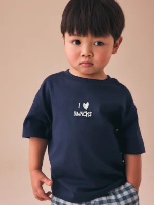 Navy Blue I love snacks Slogan Short Sleeve Small Graphic T-Shirt