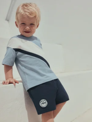 Blue Diagonal Stripe Short Sleeve T-Shirt and Shorts Set