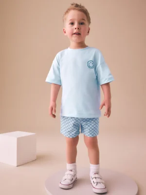 Blue Checkerboard Short Sleeve T-Shirt & Shorts Set