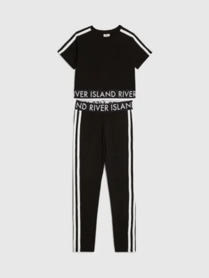 River Island Black Logo Stripe Top & Leggings Set
