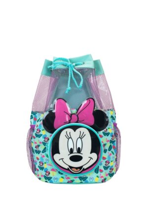 Character Blue Minnie Mouse Swim BagDisney fans can carry everything they need for fun at the pool or beach with this adorable Minnie Mouse swim bag! Featuring Mickey's leading lady, Minnie Mouse, on the front zipped pocket with a cute 3D effect to her ears and bow.  The bottom half of the bag is a colourful tropical print including flamingos and pineapples. The upper half has a vibrant pink mesh to add a a pop of vibrant colour to the backpack. With an easy draw cord, this Minnie-licious backpack is perfect for swimming trips!  100% Polyester.