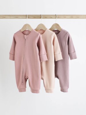 Pink 3 Pack Two Way Zip Baby Sleepsuits
