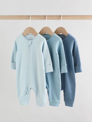 Blue Two Way Zip Footless Baby Sleepsuits 3 Pack
