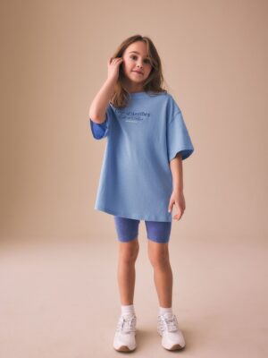 Blue Slogan T-Shirt and Cycle Shorts Set