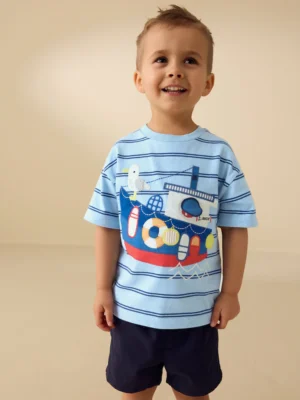 Blue Stripe Sealife Boat Short Sleeve Interactive T-Shirt