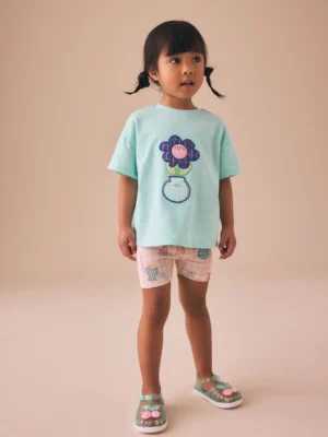 Blue Flower Short Sleeve T-Shirt and Cycle Shorts Set