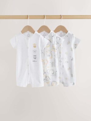 White Safari Animal Embroidered Jersey Baby Rompers 3 Pack