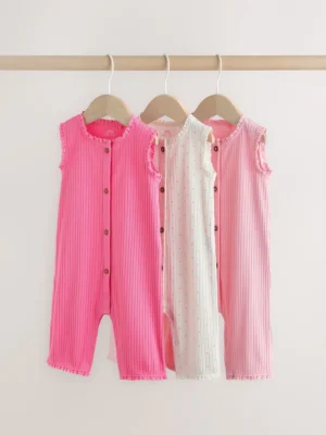 Pink Tonal Button Through Wide Leg Jersey Baby Rompers 3 Pack